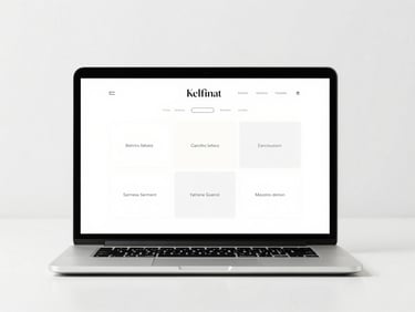 Minimalist corporate website mockup displayed on a clean laptop screen, sharp grid layout, elegant typography, bright daylight studio setting.