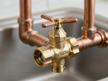 Close-up of a newly installed solid brass shut-off valve under a kitchen sink, clean copper piping, bright natural daylight showing raw metal textures, 35mm lens