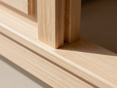 Close-up macro shot of a perfect wood miter joint on custom door trim, raw wood texture, sharp focus, natural daylight