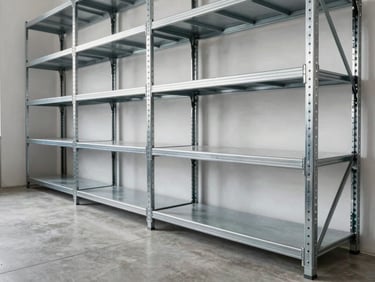 Clean, organized commercial interior with newly assembled heavy-duty metal shelving units, spotless concrete floor, raw industrial aesthetic, 35mm lens