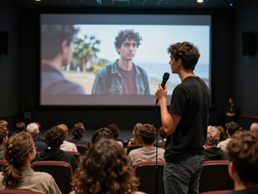 Candid wide shot of a festival Q&A — a young filmmaker at a standing microphone facing a lit screen showing a final frame from their film, audience rows visible in theater darkness behind