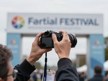Close-up of a filmmaker's hands holding a small camera at a festival entry point, lanyard and credential badge visible, festival signage blurred in background, overcast natural daylight, high-contrast documentary tone