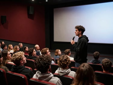 Candid wide shot of a post-screening Q&A, a young filmmaker standing at a microphone facing an audience in a theater, house lights low, faces of the crowd visible in soft focus, documentary-style natural lighting