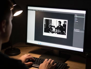 Over-the-shoulder close-up of a filmmaker reviewing a high-contrast black-and-white frame on a monitor in a dark edit suite, hands resting on keyboard, single lamp light source casting sharp shadows