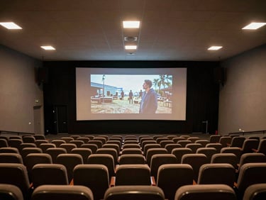 Wide shot of a festival screening venue interior, rows of theater seats facing a lit projection screen showing a film still, warm tungsten overhead lights, empty seats before doors open, high-contrast documentary tone