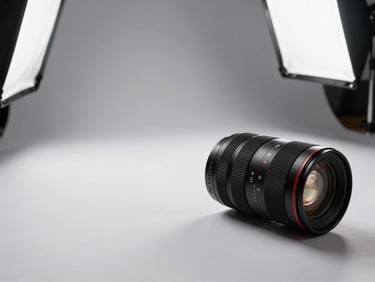 Panoramic campaign production frame, a product placed on a minimalist white surface under controlled studio strobes, precise shadow geometry, wide negative space on the left, sharp material detail visible in the foreground