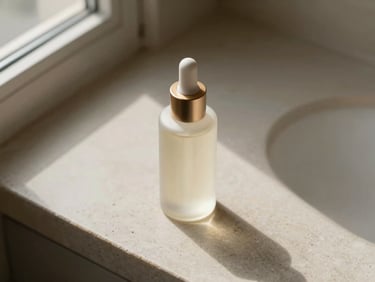 Close overhead still-life study, a luxury skincare bottle on a pale stone surface, soft directional window light from the upper left, minimal props, strong negative space on the right, sharp material texture visible