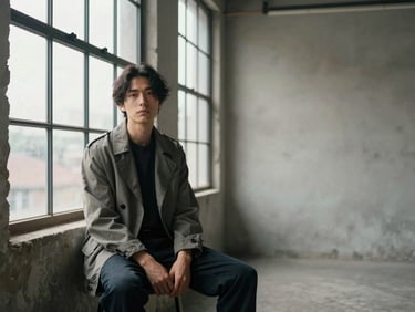 Wide editorial magazine-style environmental portrait, a subject in structured contemporary clothing seated near a large industrial window, diffused natural light, generous empty space on the right side of the frame, neutral toned interior