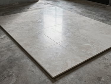 Wide architectural flatlay of polished large-format porcelain tiles arranged on a concrete floor under cool studio strobe light, showing reflective surface and precise grout lines, no people