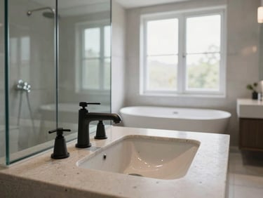 Wide environmental shot of a complete bathroom installation, matte faucet set on a stone countertop basin, frameless glass shower screen to the left, freestanding tub in background, north-facing daylight, no people