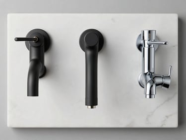 Studio flatlay of three wall-mounted faucet bodies and a thermostatic shower mixer in matte black and polished chrome finishes, arranged on a white marble slab, precise strobe lighting showing finish accuracy, no people