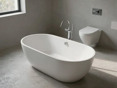 Wide environmental shot of a freestanding oval bathtub on a large-format porcelain floor in a minimal architect bathroom, a wall-hung WC visible in the background, cool north daylight from a side window, no people