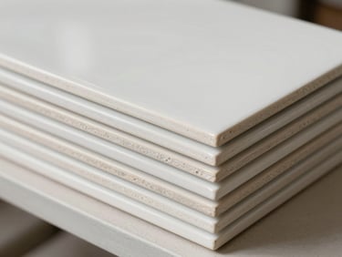 Close-up of white-body ceramic tile stack on a neutral shelf under diffused north-facing daylight, showing clean bright cross-section and smooth glaze surface, no people