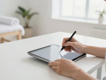 Close-up of hands scheduling an appointment on a tablet in a clean, minimalist wellness studio, bright daylight.