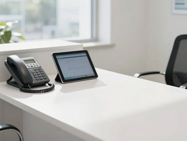 A bright, clean modern clinic reception desk with a phone and tablet, natural light streaming through a window, professional atmosphere.