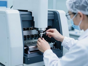 A scientist in a cleanroom suit adjusting a high-precision automated packaging machine, sterile environment, cool blue tones, 35mm