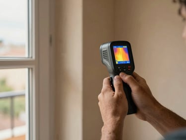 Close-up of two hands holding a thermal imaging camera pointed at a wall junction inside a Spanish residential room, natural daylight coming through a window to the left, warm plaster wall surface in the background, slight overcast quality, focus on the device screen showing a heat gradient readout