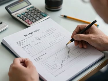Close-up framing of a technician's hands holding an open energy audit report on a desk under tungsten light, visible measurement charts and handwritten annotations on the pages, a calculator and pencil beside the report