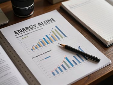 Overhead detail shot of a printed energy planning document spread on a desk, seasonal consumption charts visible with pencil annotations, a ruler and a set of field notes alongside, under warm tungsten office light