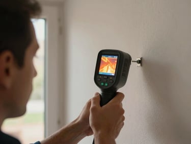 Close-up framing, technician's hands holding a thermal imaging camera pointed at an interior wall junction inside a Spanish home, diffuse natural daylight through a nearby window, thermal readout screen partially visible, plaster wall texture in background
