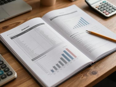 Wide shot of an open energy planning report spread across a wooden desk under warm tungsten lamp light, visible data tables and consumption charts on the pages, a pencil resting on the margin, calculator and field notebook alongside, no people