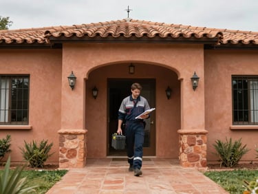 Wide shot of a technician in work clothes arriving at the front door of a single-family Spanish home, daylight overcast, carrying a field notebook and measurement case, terracotta facade visible