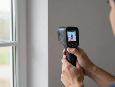 Close-up of hands holding a thermal imaging camera pointed at an interior wall junction, natural daylight from a nearby window, measurement readout visible on the device screen, utility room background