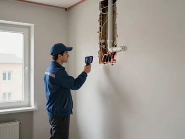 Wide shot of a technician standing in a residential utility room inspecting an exposed wall junction with a thermal imaging camera, natural daylight entering from a small window, pipes and insulation visible behind the wall panel