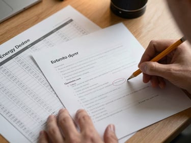 Overhead detail shot of a completed energy report on a desk, visible calculation tables and a letter rating circled in pencil, a hand resting on the page, warm tungsten office light