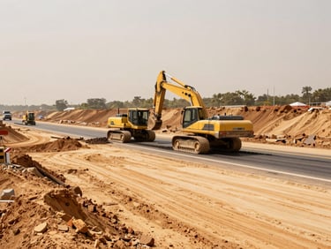 Wide shot of an active highway construction site, heavy machinery paving asphalt, warm sand and clay earth tones, sharp focus, natural daylight