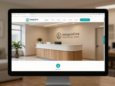 Integrative medicine clinic reception area shown on a desktop website mockup, warm neutral interior visible through the browser window, clean navigation header with teal accents, studio lighting, no people