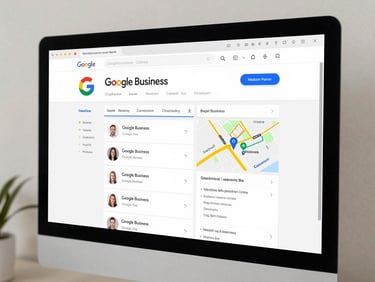Google Business profile and maps listing for a medical aesthetic clinic shown on a desktop monitor, clean studio lighting, search results visible, no patient faces