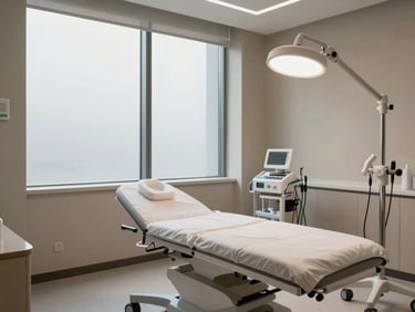Wide environmental shot of a modern aesthetic medicine clinic treatment room, calm neutral tones, professional lighting equipment visible, unoccupied, natural daylight through frosted window