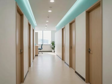 Wide shot of a clean modern aesthetic clinic corridor with treatment room doors, subtle teal accent lighting on one wall, no patients, calm professional atmosphere, natural daylight from end window