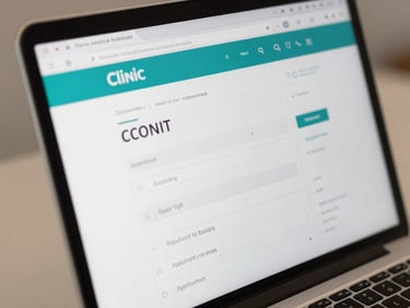 Close-up of a clinic website interface on a laptop screen, clean navigation bar, appointment booking form visible, teal and white color palette, studio lighting, no faces