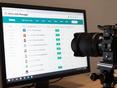 Meta Ads Manager dashboard on a monitor showing campaign performance metrics for a medical clinic, clean data visualization, teal accent colors, studio lighting, no faces