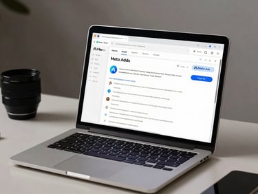Close-up of a laptop screen displaying a Meta Ads dashboard with campaign metrics, clean desk surface, studio lighting, no people, professional environment