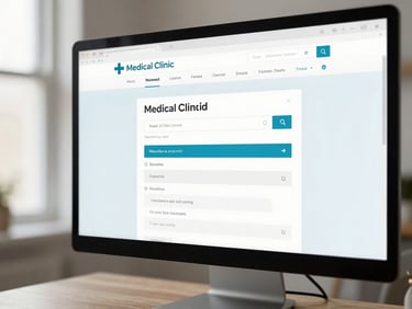 Close-up of a website interface on a monitor in a clean studio environment, showing a medical clinic homepage with clear navigation and appointment form, soft natural light from the left, no people