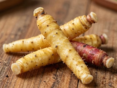 Raw yellow and red maca roots arranged on a rustic wooden surface, sharp technical macro focus, natural daylight