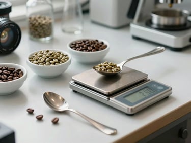 Clean laboratory table with small bowls of green coffee beans and roasted coffee beans, a silver spoon for cupping, precise digital scale, natural morning light