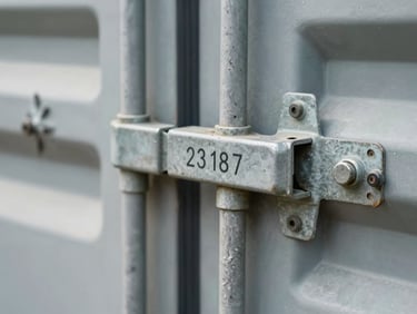 Macro close-up of a secure metal bolt seal locked on a shipping container door, crisp focused details on the serial number