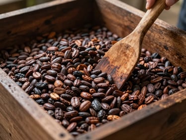 A close-up of cacao beans fermenting inside a rustic wooden box, a wooden paddle stirring them, warm natural light