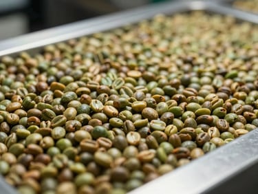 High-altitude specialty green coffee beans sorted on a professional grading table under clean QC lighting