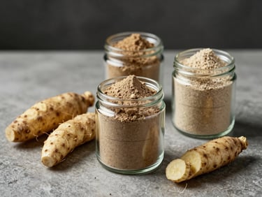 Raw maca root and organic superfood powders in minimalist glass containers on a stone surface