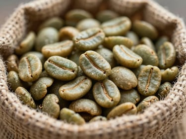 Macro close-up of green specialty coffee beans in a rustic jute sack, high-altitude natural light, focus on raw textures