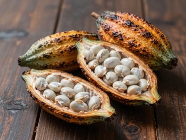Freshly harvested cacao pods split open on a dark wooden table, showcasing raw white beans, natural diffused daylight
