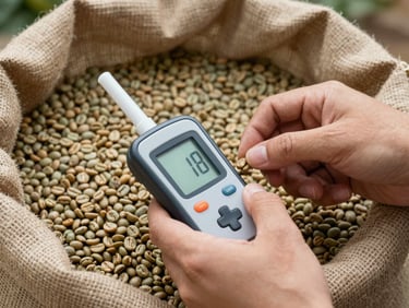 Close-up of hands using a professional digital moisture meter on green coffee beans inside a jute sack, natural high-altitude daylight