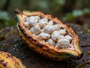 Freshly harvested heirloom cacao pod split open, revealing raw white beans, natural diffused rainforest lighting