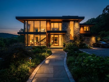 Wide-angle architectural twilight shot of a modern residential property, glowing custom brass path lighting, crisp stone edging, 35mm lens