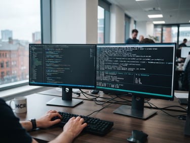 Close-up of dual-monitor setup displaying clean booking system code and GDS data streams in a bright Manchester office, cool slate tones, sharp focus, 35mm